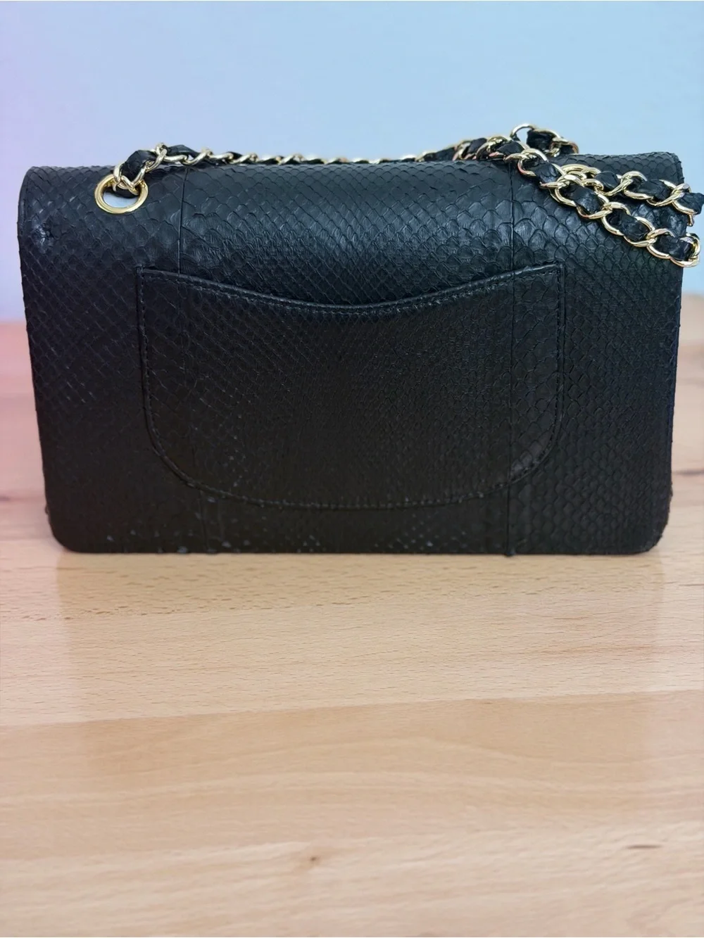 Black Genuine Python Chain Crossbody Bag Double Flap GHW